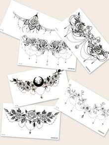 Flower & Tassel Temporary Tattoo Stickers For Chest, Abdomen, Back, Body - Black - View 1