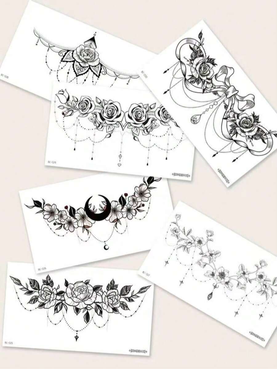 Flower & Tassel Temporary Tattoo Stickers For Chest, Abdomen, Back, Body - Black - View 1