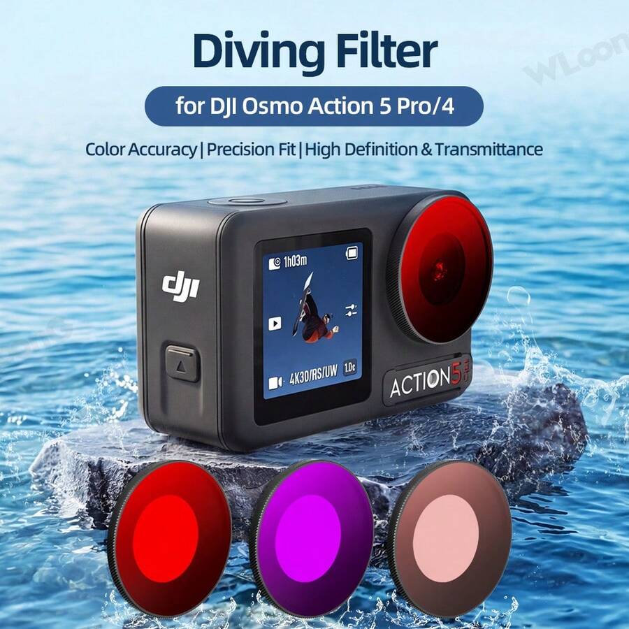 Osmo Action5Pro/4/3 Diving Filter, Multi-Layer Coated/Optical Glass/Aluminum Alloy Frame, Perfect Camera Accessory For Outdoor Water Sports And Beach Parties, Lightweight Clip Design, Easy To Install, Creative Underwater Filter