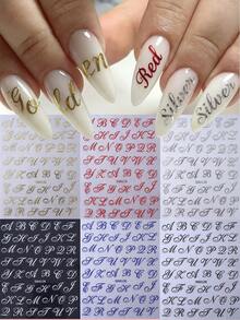复古英文字母图案3D美甲贴纸，3D黑色哥特字母美甲贴纸，时尚浪漫英文单词字母符号设计DIY美甲贴纸，Y2K自粘滑动美甲装饰，Y2K自粘滑动美甲装饰配件 - 彩色 - 查看 1