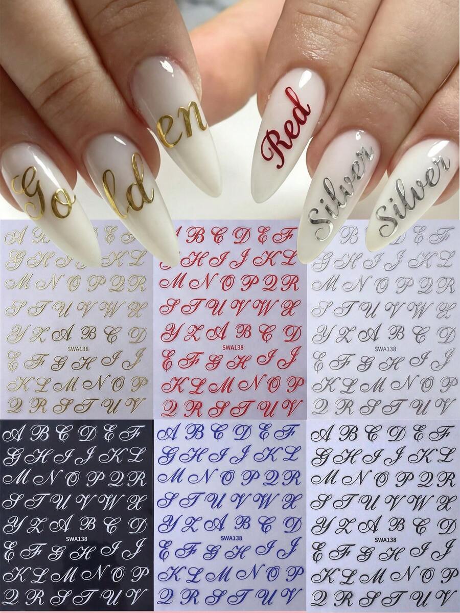 复古英文字母图案3D美甲贴纸,3D黑色哥特字母美甲贴纸,时尚浪漫英文单词字母符号设计DIY美甲贴纸,Y2K自粘滑动美甲装饰,Y2K自粘滑动美甲装饰配件 - 彩色 - 查看 1