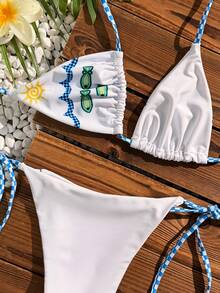 Bộ bikini hai mảnh cổ yếm viền kẻ caro thêu hình mặt trời và cá màu trắng, thích hợp cho kỳ nghỉ hè ở bãi biển, dành cho nữ. - trắng - Xem 7
