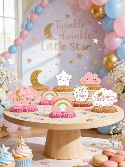 108件/套粉色闪亮星星派对装饰套装 - 包括闪光云朵、星星、月亮纸质装饰、彩色闪光“小星星”纸片和派对用纸 - 适合男孩和女孩。非常适合庆祝月亮、迎婴派对、性别揭晓派对、一周岁生日、儿童节和其他庆祝活动。