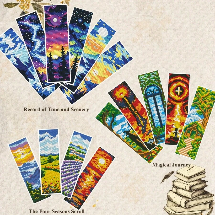 6pcs Starry Sky Theme Cross Stitch Bookmarks, Night Landscape DIY Embroidery Bookmarks, Astronomy Lover's Handmade Reading Gift