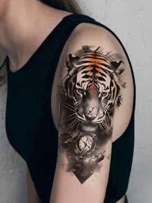 2 Sheets Unisex Simulated Tattoo Stickers, Realistic Tiger Pattern, Waterproof Fake Tattoo, Lasts 2-5 Days, Covers Scars, Applies To Arms, Shoulders, Chest, Back, Waist And Legs, Quickly Creates Personalized Tattoos, Suitable As Holiday Party Gifts. - Multicolor - View 2