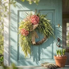 23.62 Inch Hydrangea & Eucalyptus Wreath With Bow Rustic Farmhouse Door Wall Decoration, Beige/Flowers & Green Foliage, Durable Plastic Frame For Front Door, Thanksgiving, Halloween, Christmas, Fall Decor, Room Decor - Hồng - Xem 2