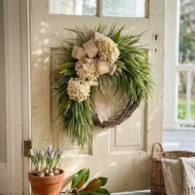 23.62 Inch Hydrangea & Eucalyptus Wreath With Bow Rustic Farmhouse Door Wall Decoration, Beige/Flowers & Green Foliage, Durable Plastic Frame For Front Door, Thanksgiving, Halloween, Christmas, Fall Decor, Room Decor - Rượu sâm banh - Xem 8