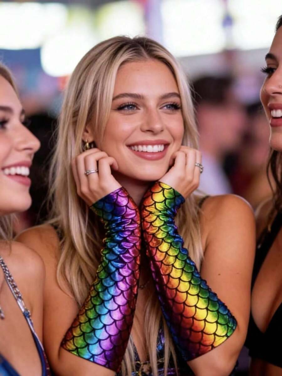 1双 D EXCEED 闪亮鱼鳞液体长手套，女士款 - 适合沙滩音乐节、Y2K角色扮演嘉年华、赛博朋克装扮 - 彩色 - 查看 1