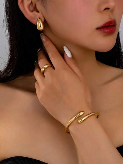 4pcs Elegant Minimalist Gold-Plated Teardrop Jewelry Set, Includes Bracelet, Ring And Earrings, Designed For Women, Practical & Stylish Daily Accessories, Spring Collection, Open Bangle