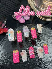 Bộ 10 móng tay acrylic vuông, móng màu đỏ hồng, nhuộm tie-dye trắng & đỏ hồng, họa tiết lá xanh vẽ tay & họa tiết lưới kim cương trong suốt mô phỏng vân dâu tây, kim cương 3D màu hồng tím & kim cương óng ánh & nơ óng ánh trong suốt & cánh hoa hồng óng ánh & bướm và các phụ kiện làm móng khác. - Màu Hồng Tươi - Xem 3