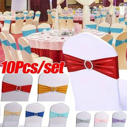 10pcs Elastic Chair Back Decorative Bands, Gold Foil Tie Straps, Elastic Chair Strap With Rhinestone Sliders, Solid Color Chair Back Decorative Bow Covers, Suitable For Wedding Party Ceremony Banquet, Valentine's Day Decor, Home Decor, Hotel, Restaurant, Daily Accessories