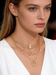5 件优雅精致多层心形人造珍珠吊坠项链套装适合时尚派对情人节、妈妈、母亲、母亲节、礼物 - 金黃色 - 查看 1