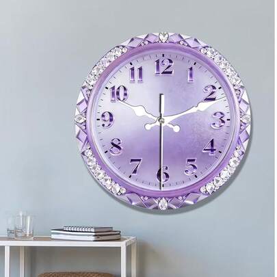 1pc 2D Flat Purple Crystal Inlaid Wooden Wall Clock, Silent Decorative Clock, Creative Design, Suitable For Bedroom, Living Room, Office Decor, Size 10/12 Inches (Batteries Not Included)