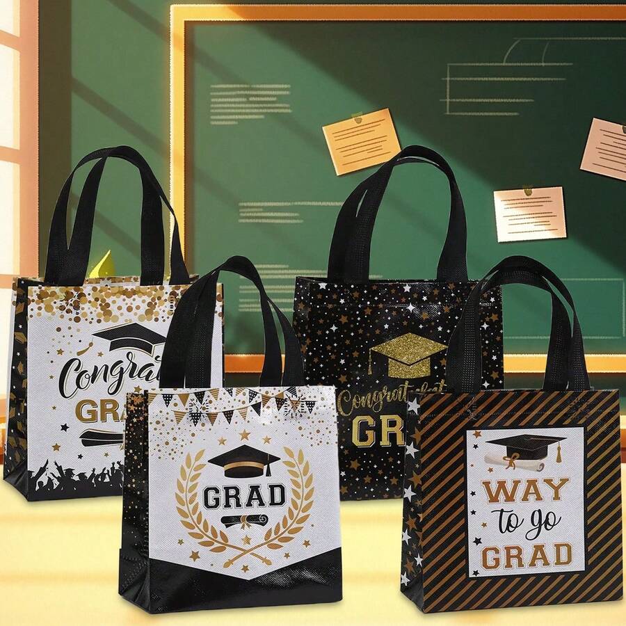 8/16pcs Black & Gold Graduation Happy Non-Woven Tote Bags, Printed With Graduation Cap Pattern, Gift Packaging Bags For Graduation Celebration, Party Favors, Campus Events, Classmate Gatherings, Graduation Supplies Storage - Multicolor - View 1