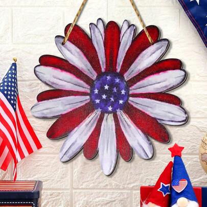 1-Piece Wooden July 4th Independence Day Hanging Decoration, Adorned With Vibrant Flowers. Suitable For Walls, Front Porches, Outdoor Use, Farmhouses, Living Rooms, Bedrooms, Studies, And Gardens.