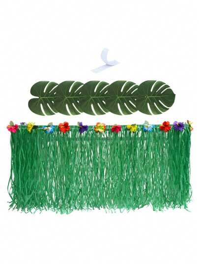 1pc, 108.66inch Hawaiian Island Style Green Plastic Tassel Table Skirt, Party Holiday Dining Table Decor, Festival Party Atmosphere Decoration Prop