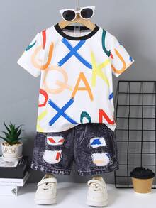 2pcs/Set Young Boys' Casual Cute Colorful Letter Print Crew Neck Short Sleeve T-Shirt Top And Faux Denim Ripped Shorts Outfit, Summer - Black - View 2
