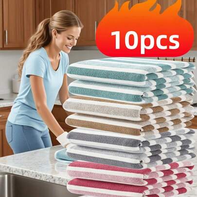 10 piezas - 28 x 28 cm Toalla de felpa coral a rayas, súper suave y absorbente, 300g/m², adecuada para el hogar, hotel, gimnasio, viaje, secado rápido, opciones de multicolor, accesorios de baño, paño de limpieza reutilizable, toalla de mano, toalla de cara