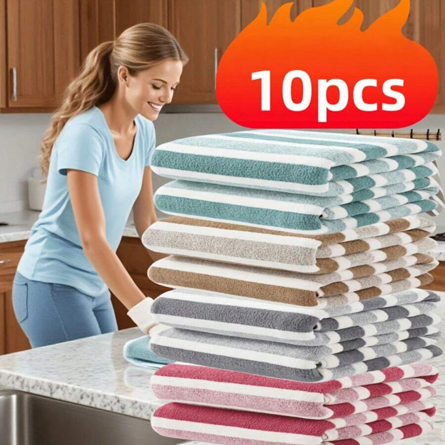 10pcs - 11.02*11.02 Inch Wide Striped Coral Fleece, Super Soft & Absorbent, 300g/Sqm, Suitable For Home, Hotel, Gym, Travel, Quick Drying, Multi-Color Options, Bathroom Accessories, Reusable Cleaning Cloth, Hand Towel, Face Towel