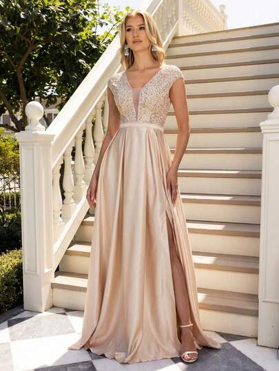 Đầm dạ hội maxi dự tiệc thanh lịch dành cho nữ, cổ chữ V, tay ngắn, đính sequin và phối nhiều lớp.