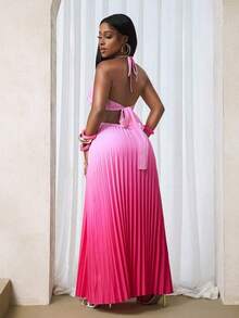 Ombre Color Pleated Backless Sexy Halter Neck Sleeveless Dress - 粉色 - 查看 2