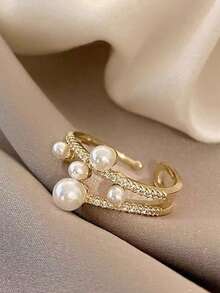 1 chiếc nhẫn vàng đính đá hai lớp, bất đối xứng, có thể điều chỉnh kích thước, gồm 5 viên ngọc trai, thích hợp làm nhẫn cưới, nhẫn đính hôn cho cặp đôi. - Vàng - Xem 3