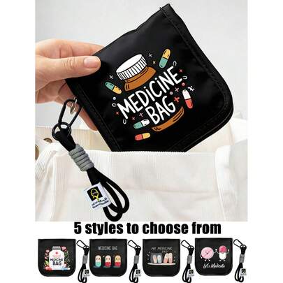便携式药袋，印有“药袋”字样，配有腕带，小巧便携，方便旅行携带，适合日常/户外/旅行使用，是注重健康和经常外出人士的必备医疗配件，多功能布艺小药袋，便携式医疗急救包，户外旅行药袋，宿舍应急药品收纳袋