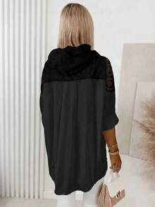 YI XUAN Women's Thin Coat,Lightweight Hooded Cardigan - Openwork Sleeve & Zipper Front Closure,Semi-Sheer Layering For All Seasons Casual Wear,Back To School Black - màu đen - Xem 4