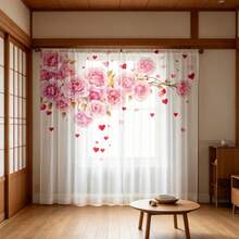 2pcs Romantic Pink Peony & Heart Pattern Sheer Curtains - Soft Polyester Material, Rod Pocket Design, UV Protection, Suitable For Living Room, Bedroom, Kitchen - Easy Care, Machine Washable, Bohemian Style Window Curtains - Multicolor - View 3