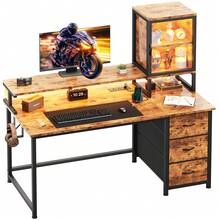 EnHomee 55"Gaming Desk Computer Desk With Power Outlets, Modern Desk Table Home Office Desk Vanity Table With Storage & Ergonomic Monitor Stand - 鏽棕色 - 查看 12