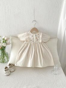 1件女婴休闲时尚花卉刺绣短袖连衣裙，夏季 - 杏色 - 查看 4