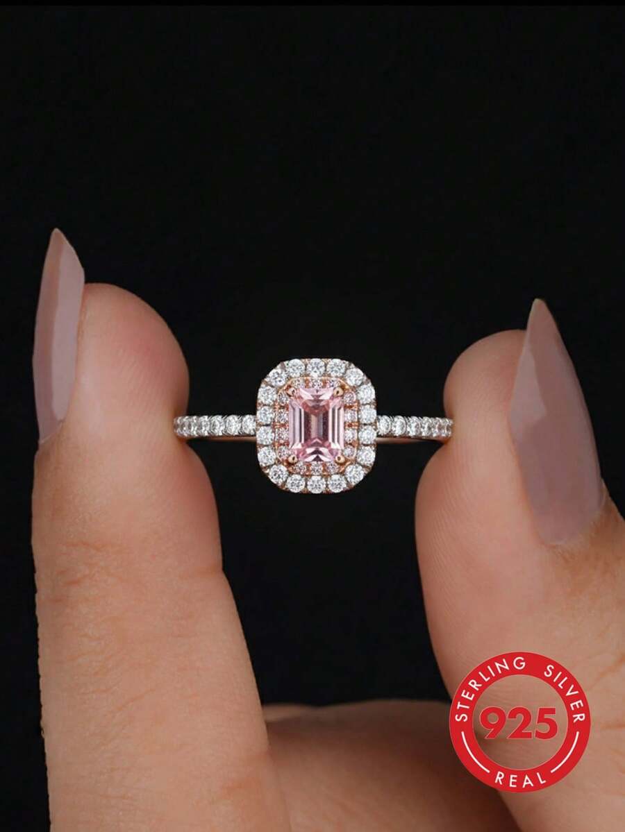 1枚925纯银经典奢华方形钻石四爪戒指，情人节生日情侣礼物，迷人优雅吊坠戒指，女士款