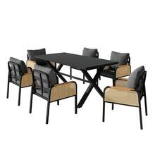 Modern Outdoor Sofa Set, Relaxation And Meeting Set For Several People, Iron Frame, Braided Armrests, Seat Cushions Included. - 黑色+自然木材色 - View 8