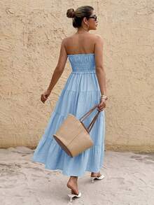 Blaues ärmelloses rückenfreies Volantkleid, Damen lässig Boho Stil trägerloses langes Kleid geeignet für Strand, Urlaub, Party - Babyblau - Übersicht 8