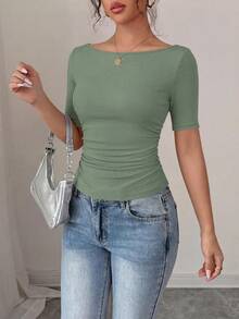 PRETTYGARDEN Womens Summer Short Sleeve Tops Boat Neck Ribbed Knit Slim Fit T Shirt Casual Basic Top Y2K Clothes - 灰綠色 - 查看 5