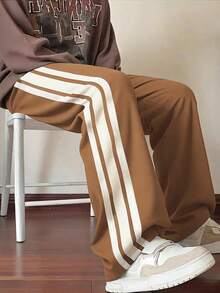 1 pièce Pantalon de sport ample et décontracté pour hommes, convient pour les vacances à la plage au printemps/été, les trajets quotidiens, l'entraînement sportif, la course, les activités extérieures, la musculation, la mode de rue décontractée, jambe droite rayée - Tabac - Voir 3