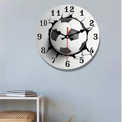 1pc Fashion Silent Soccer Ball Wall Clock - Round Wooden Quartz Movement, Suitable For Bedroom, Living Room, Office, Kitchen, Bathroom Decor - Battery Powered (AA Batteries Not Included), Kitchen Decor | Modern Decorative Item
