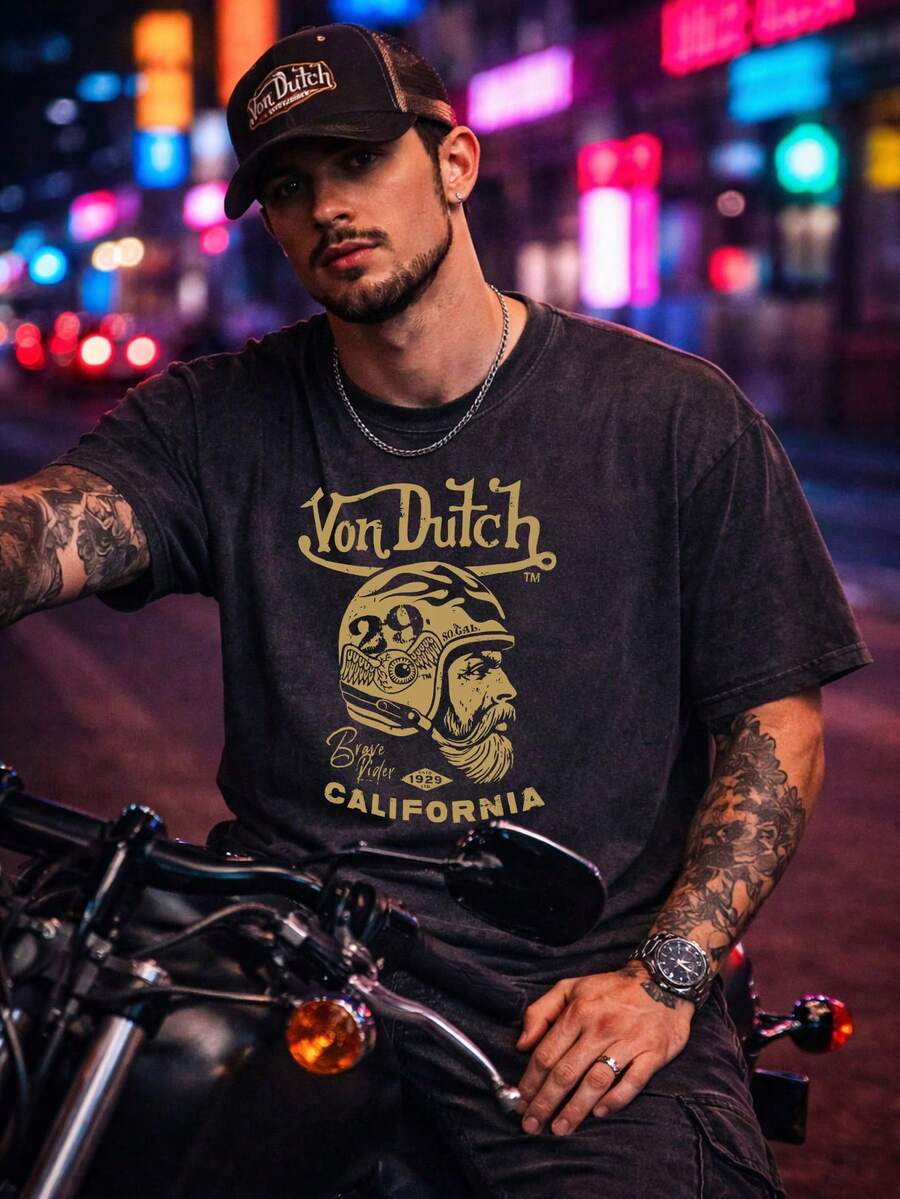 Men Black Washed Vons Dutchs Streetwear 100 Percent Cotton T Shirt With Helmet And California Graphic For Casual Wear Outdoors | Vintage Heavyweight T Shirt | Perfect Gift | Loose Comfortable Breathable | Machine Washable Fabric | Hip Hop Cool Style | Drippy Clothes | Y2K - màu đen - Xem 1