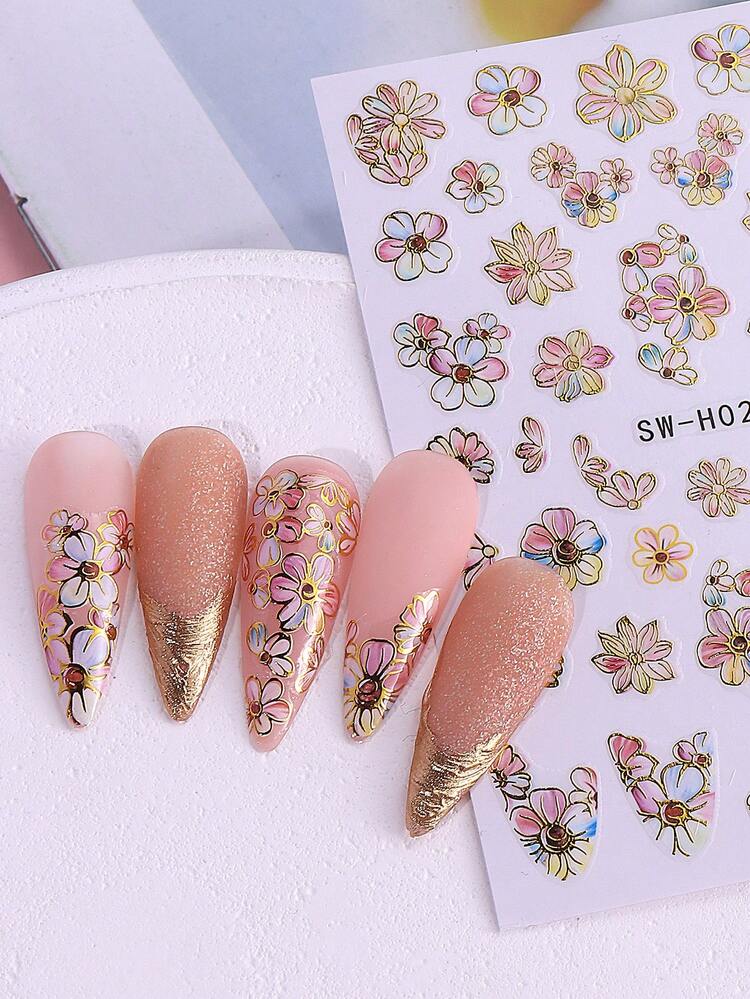 SWEET TREND Bộ 2 miếng dán móng tay hình hoa 3D ánh kim sang trọng phong cách retro với các đường kẻ vàng óng ánh, họa tiết hoa anh đào, hoa cúc, cánh hoa mùa xuân hè, tự dán, trang trí móng tay, phụ kiện làm móng. - Nhiều màu - Xem 7