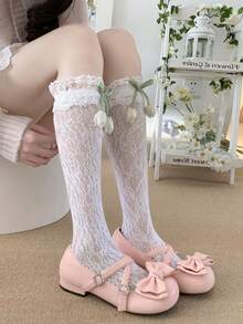 1双女士轻薄可爱甜美洛丽塔风格蕾丝蝴蝶结过膝袜，适合夏季穿着 - 彩色 - 查看 7