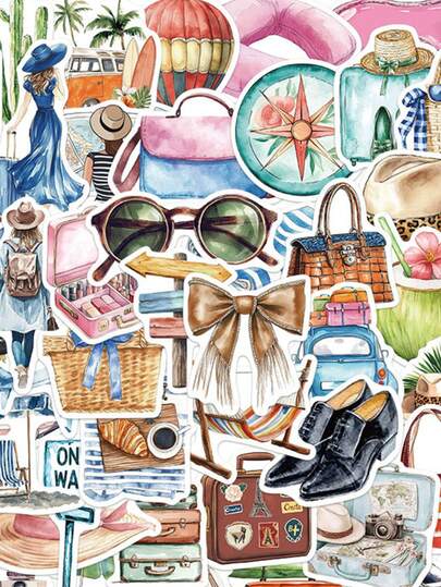 50Pcs Aesthetic Stickers Watercolor Stickers Journal Stickers Cute Stickers Cute Vacation Travel Stickers Flower Stickers For Water Bottle, , Guitar, Luggage, Phone, Case, Laptop, Skateboard, Gift