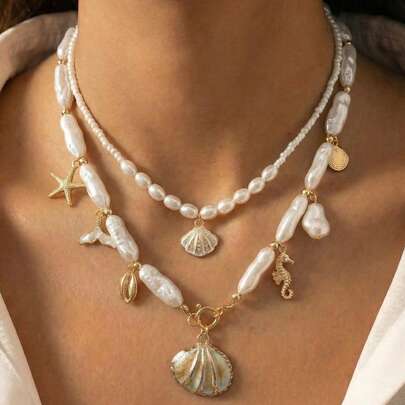 Bộ 2 dây chuyền nhiều lớp phong cách Bohemian thanh lịch, đa năng, đính vỏ sò, cá ngựa, sao biển và ngọc trai, thích hợp cho kỳ nghỉ biển, du lịch, trang trí hàng ngày cho nữ, phối đồ, hẹn hò, dự tiệc, quà tặng ngày lễ.