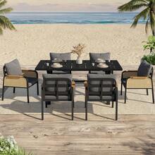 Modern Outdoor Sofa Set, Relaxation And Meeting Set For Several People, Iron Frame, Braided Armrests, Seat Cushions Included. - 黑色+自然木材色 - View 4