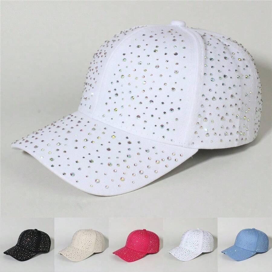 Rhinestone Studded Baseball Cap For Women, Sparkly Bling Bling Trucker Hat, Adjustable Fashion Sun Hat For Summer - 白色 - 查看 1
