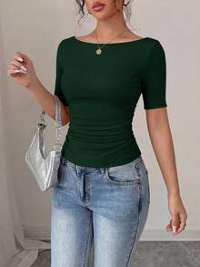 PRETTYGARDEN Womens Summer Short Sleeve Tops Boat Neck Ribbed Knit Slim Fit T Shirt Casual Basic Top Y2K Clothes - 墨綠 - 查看 5