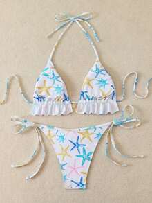 Swim Mod Women's Swimsuit, Two-Piece Bikini Set With Halter Neck, Ruffles And Bow In Solid Color For Summer - 多色 3 - 查看 2