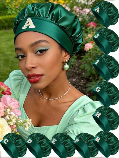 1 Pc A - Z Letter Women's Dark Green Satin Hair Bonnet, Stylish Shiny Texture Head Cover, Suitable For Daily Hair Care, Home Grooming & Outdoor Styling