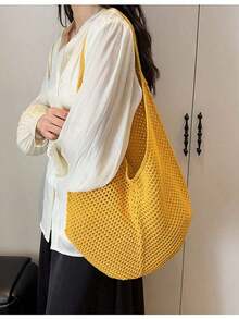 Large Capacity Crochet Shoulder Tote Bag - Lightweight, Multifunctional Knitted Handbag, Beige, Pink, Brown, Black, Suitable For Travel, Beach, Vacation And Daily Use, Large Tote Bag , Beach Bag , Crochet, Holiday, Yellow - 黃色 - 查看 7