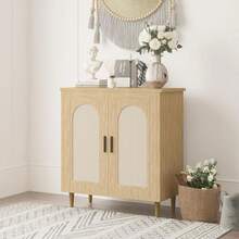 Gabinete de ratán de 2 niveles con patas de madera resistentes, mesa consola moderna para recibidor, pasillo, comedor y sala de estar, mueble decorativo de acento. - Natural - Ver 1