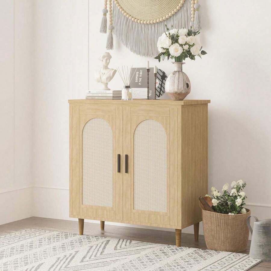 Gabinete de ratán de 2 niveles con patas de madera resistentes, mesa consola moderna para recibidor, pasillo, comedor y sala de estar, mueble decorativo de acento. - Natural - Ver 1